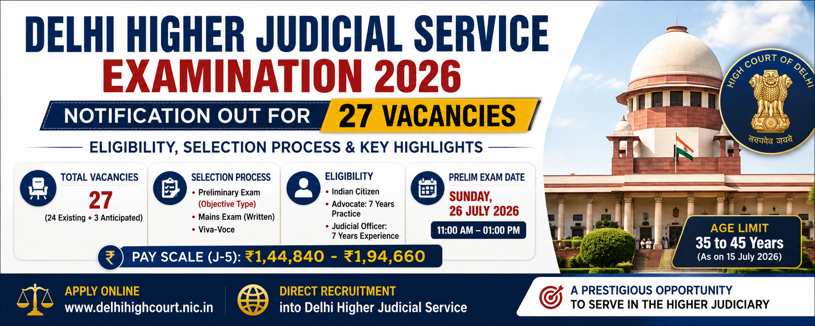 Delhi Higher Judicial Service Examination 2026: Notification Out for 27 Vacancies – Eligibility, Selection Process & Key Highlights